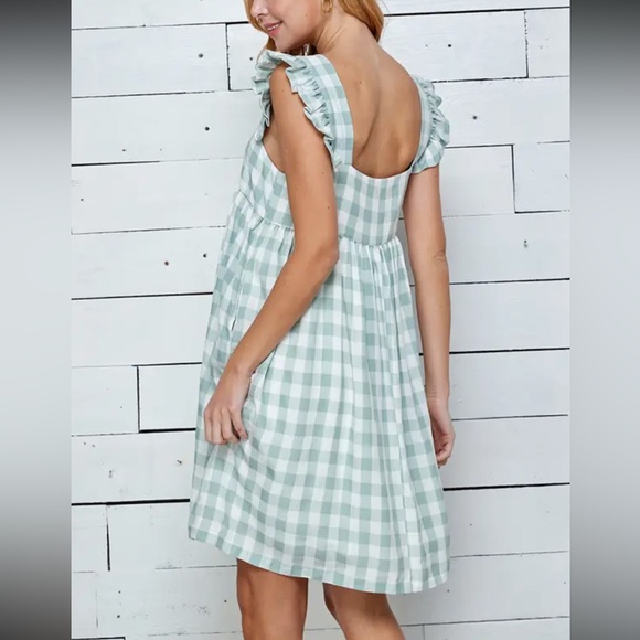 1105.  Light Sage Gingham Ruffle Strap Sundress - Picture 3 of 6